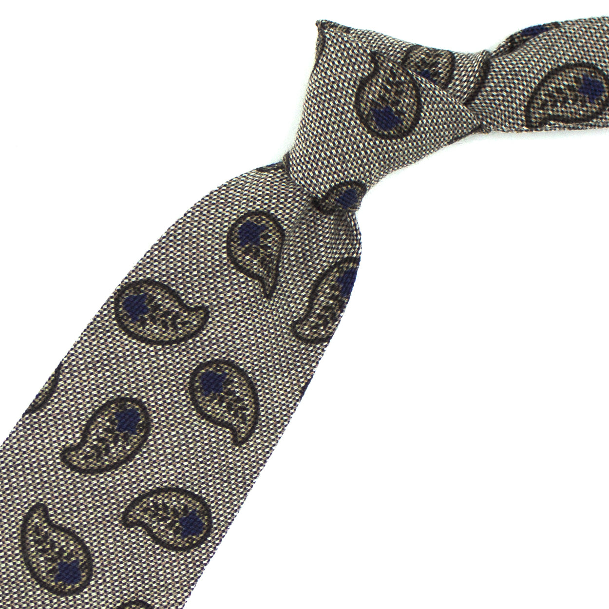 Cravatta beige con paisley marroni e blu