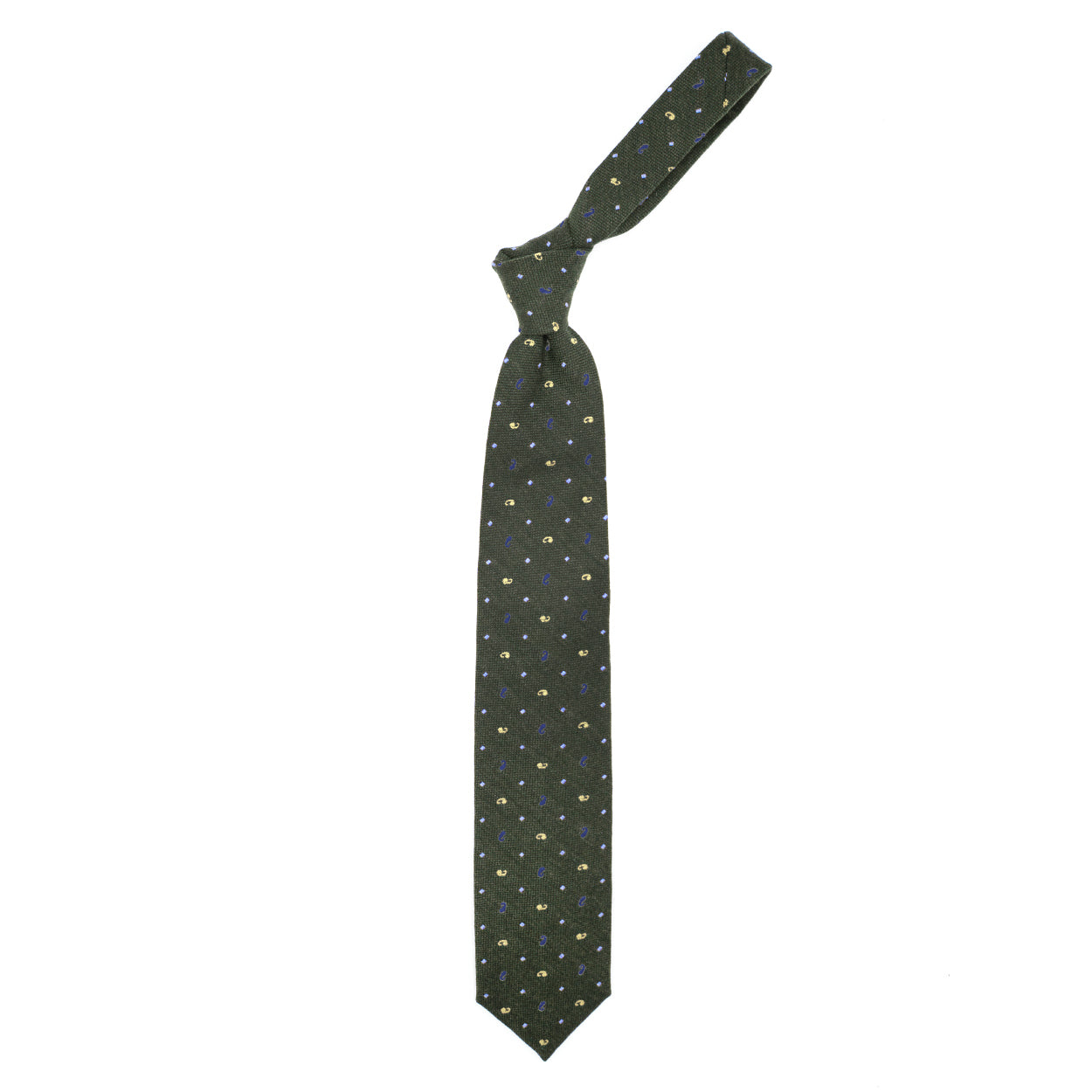 Cravatta verde muschio con paisley gialli e viola e quadratini azzurri