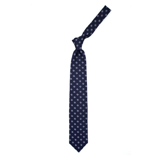 Cravatta blu con pattern geometrico grigio e azzurro