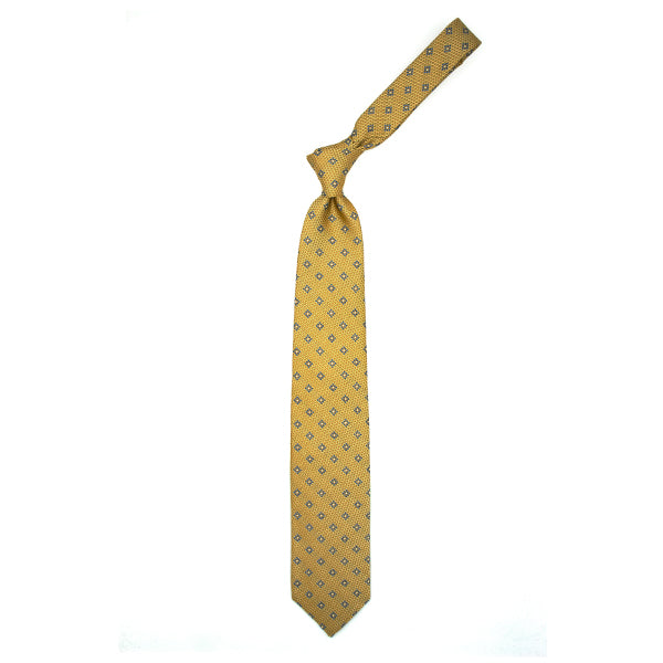 Cravatta gialla con pattern geometrico azzurro e bianco