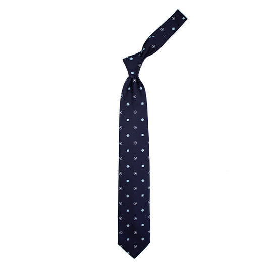 Blue tie with grey and light blue geometric pattern