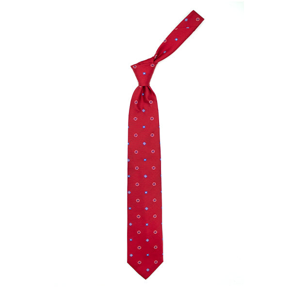 Cravatta rossa con pattern geometrico azzurro e bianco