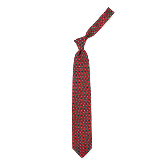 Cravatta rossa con paisley verdi, bianchi e rossi, e puntini blu e azzurri