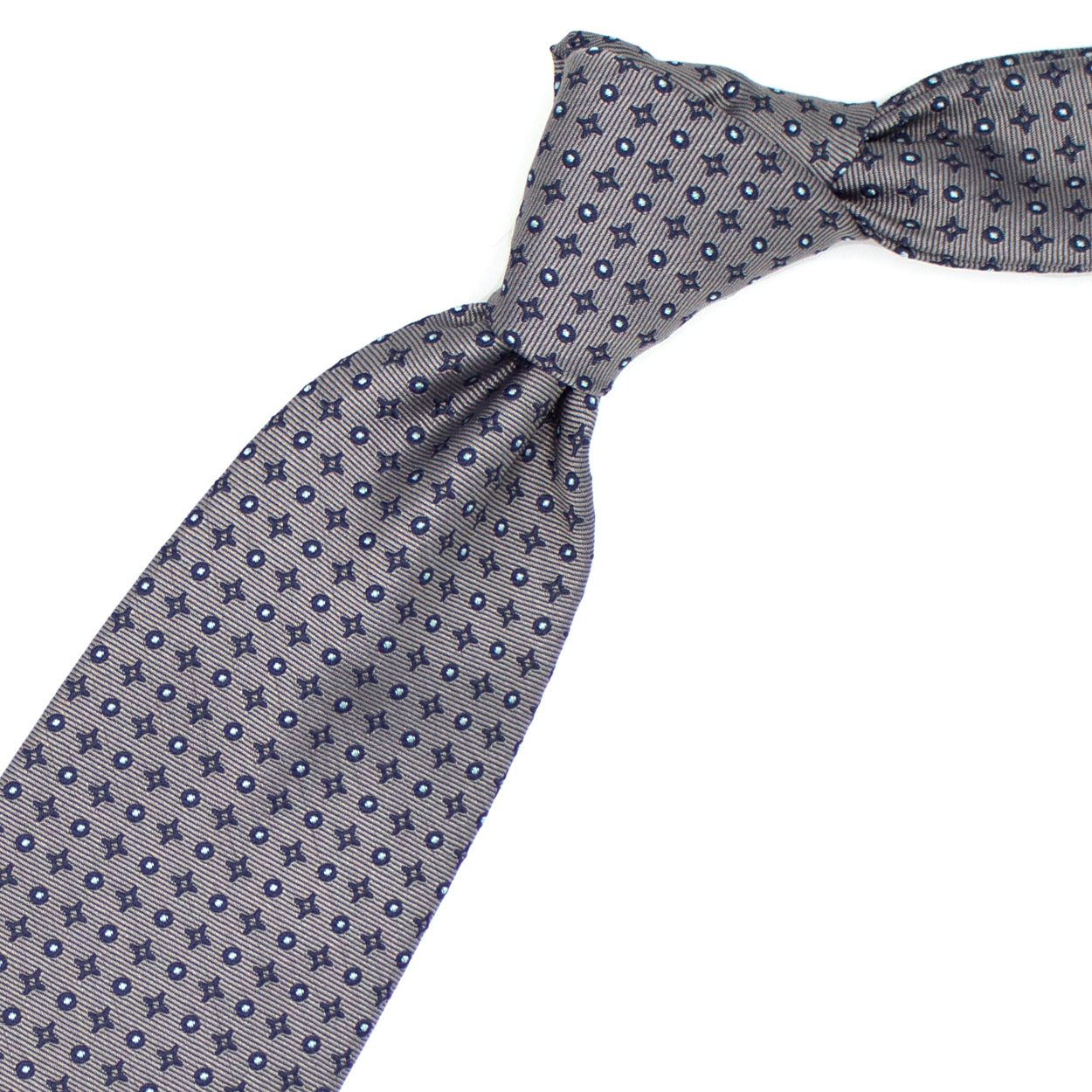 Cravatta grigia con rombi e cerchi blu e puntini azzurri