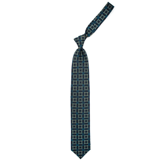 Green tie with mustard and petrol blue squares