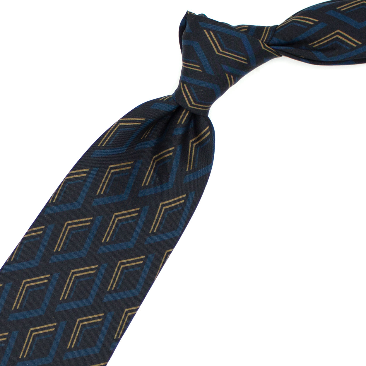 Cravatta nera con pattern geometrico blu petrolio e beige