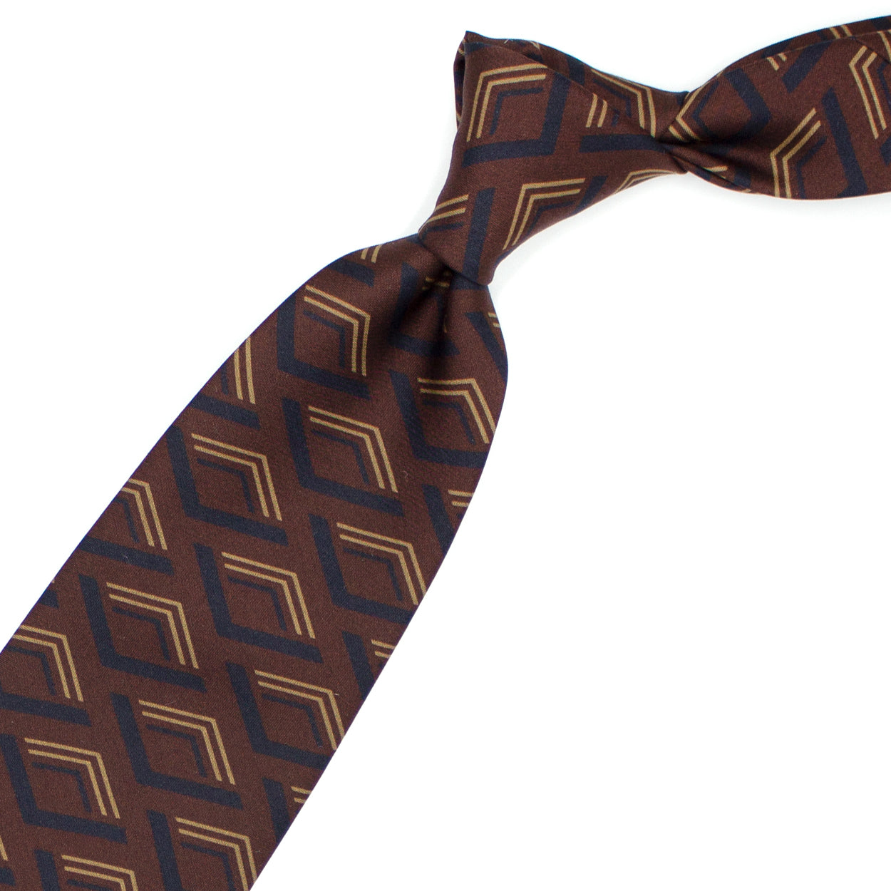 Cravatta marrone con pattern geometrico blu e senape