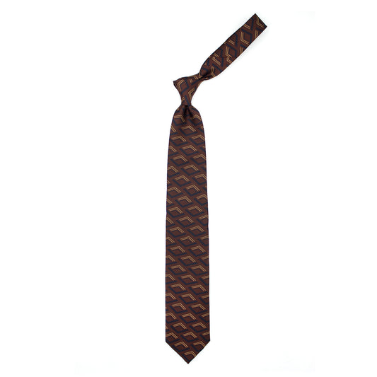 Brown tie with blue and mustard geometric pattern