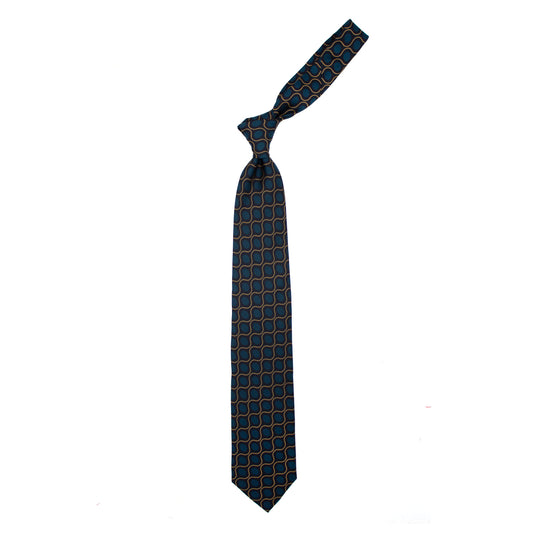 Blue tie with green and beige pattern