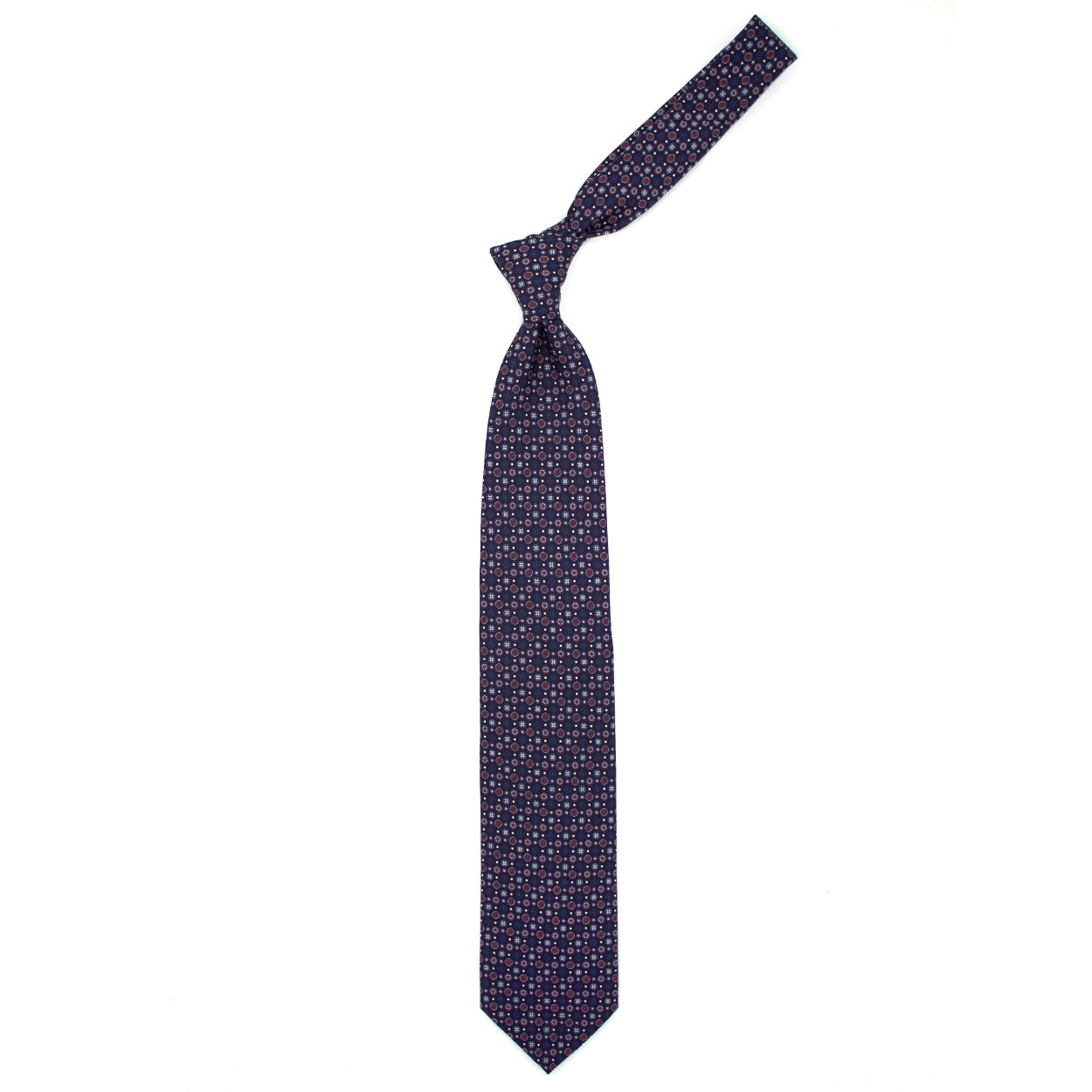 Cravatta blu con pattern rosso, bianco e blu