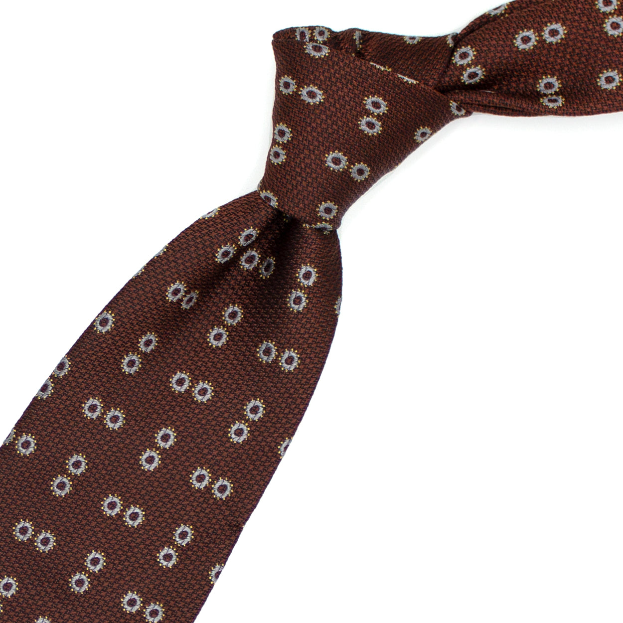 Cravatta bordeaux con pattern grigio e giallo