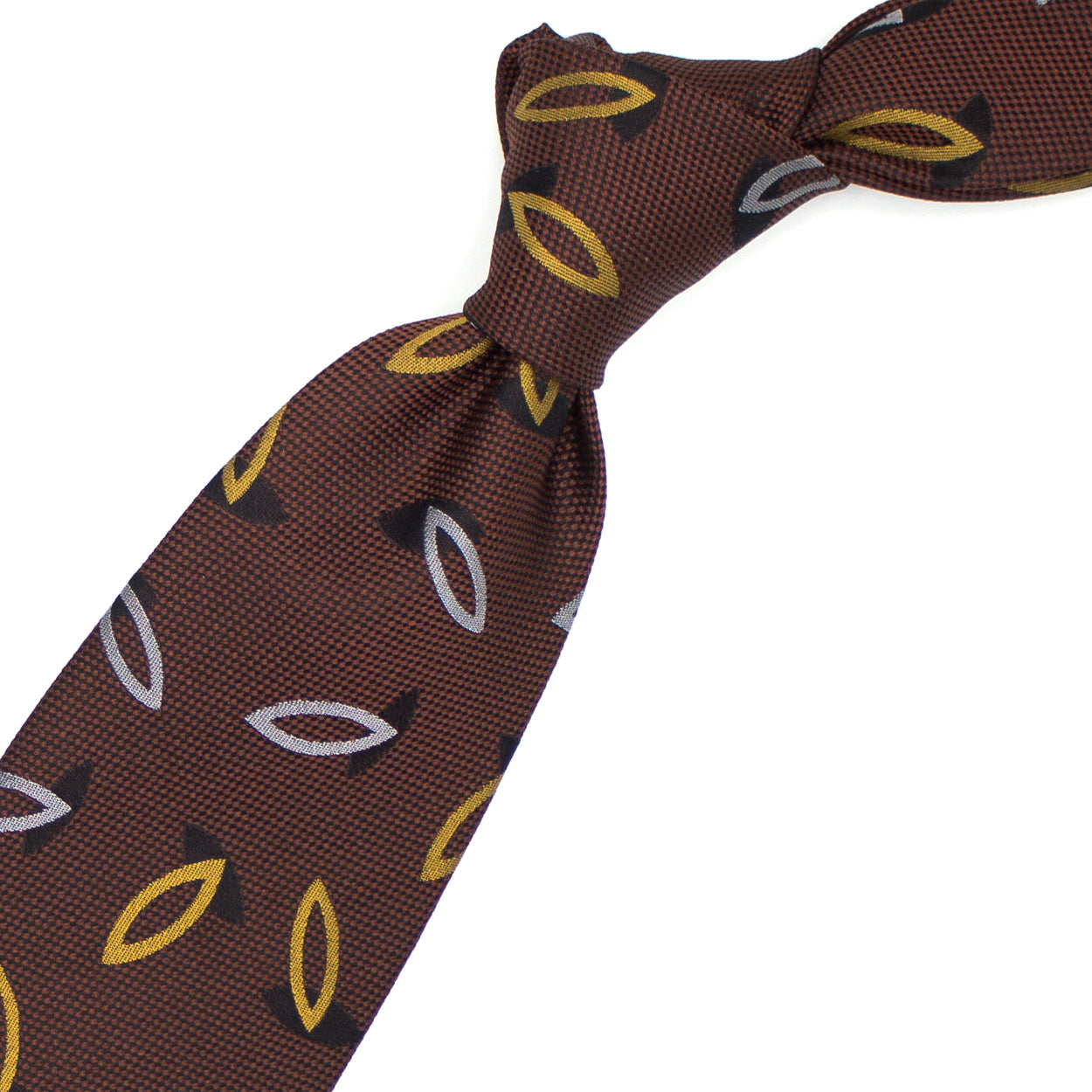 Cravatta ruggine con disegni grigi, gialli e neri