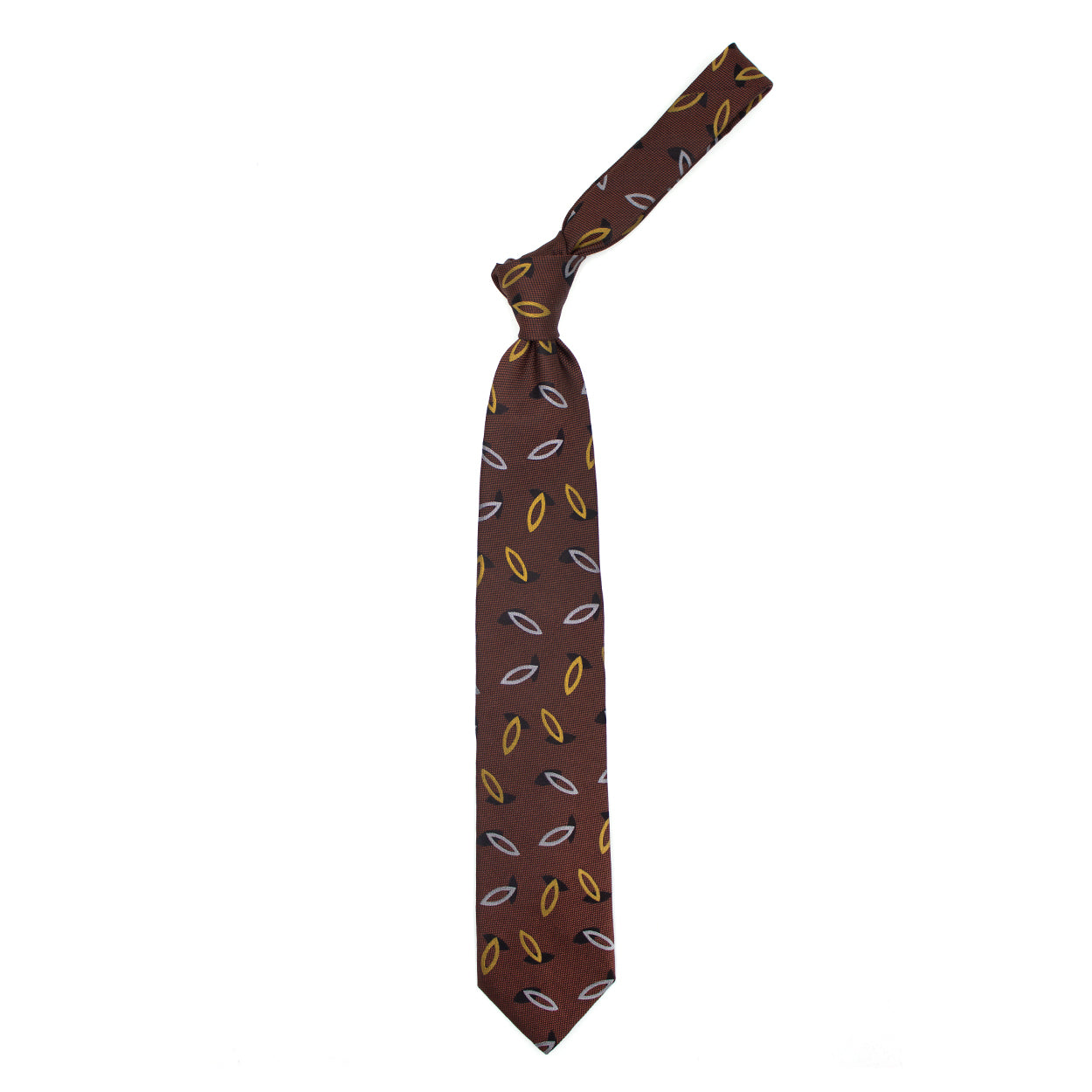 Cravatta ruggine con disegni grigi, gialli e neri