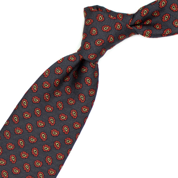Cravatta grigia con paisley rossi e gialli