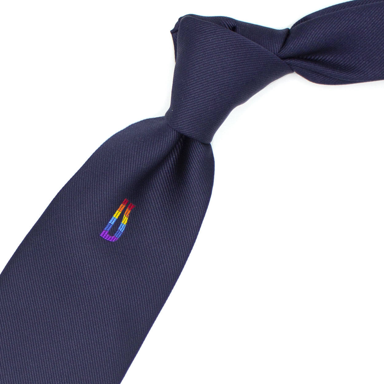 Cravatta blu con monogramma Ulturale arcobaleno al sottonodo