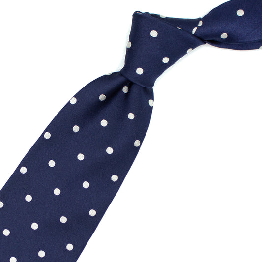Blue tie with grey polka dots