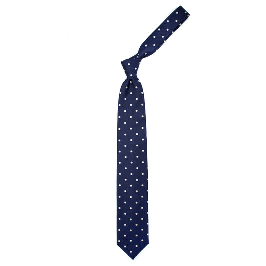 Blue tie with grey polka dots