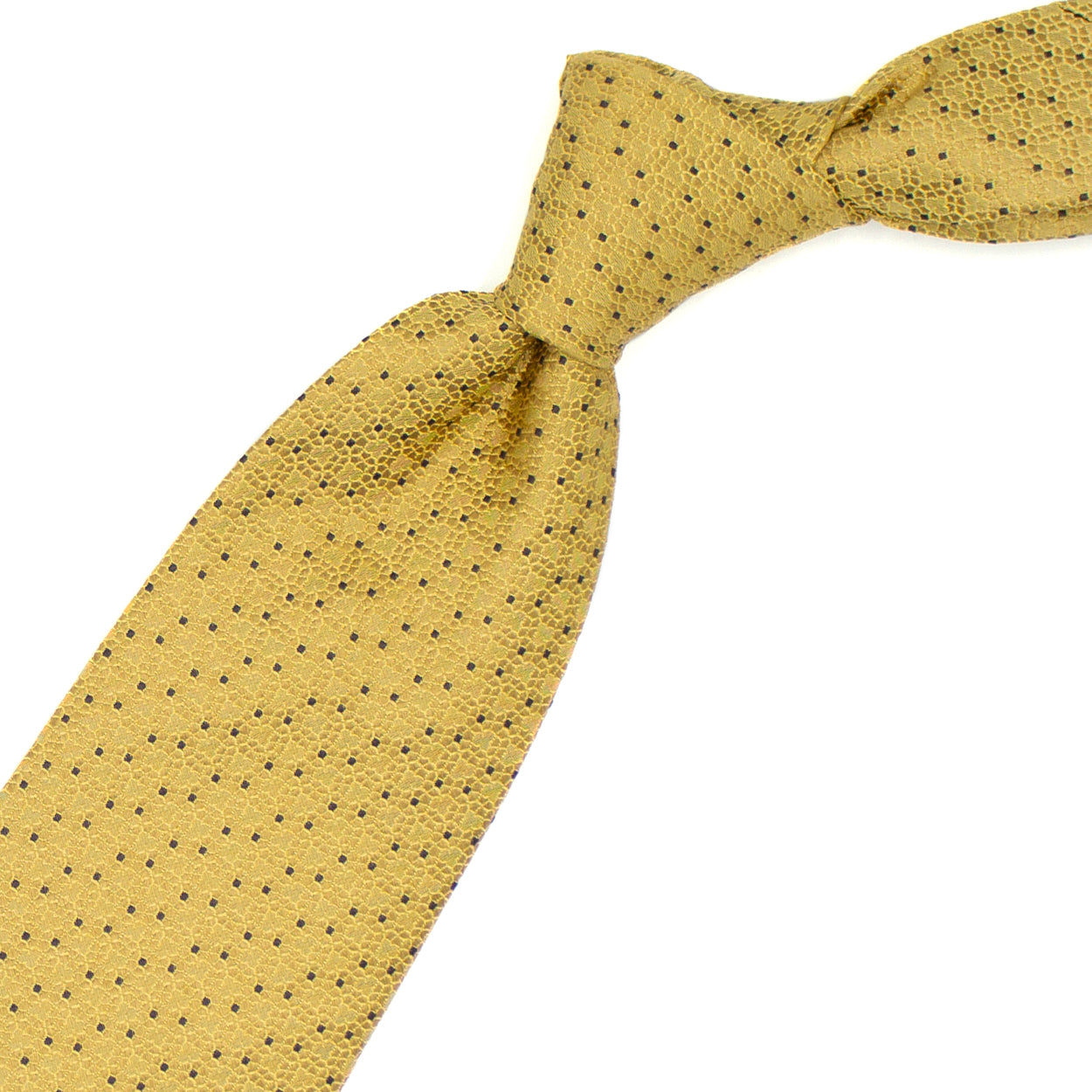 Cravatta gialla con fiori tono su tono e quadratini blu