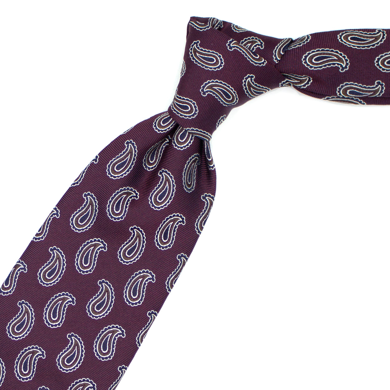 Cravatta vinaccia con paisley blu e marroni
