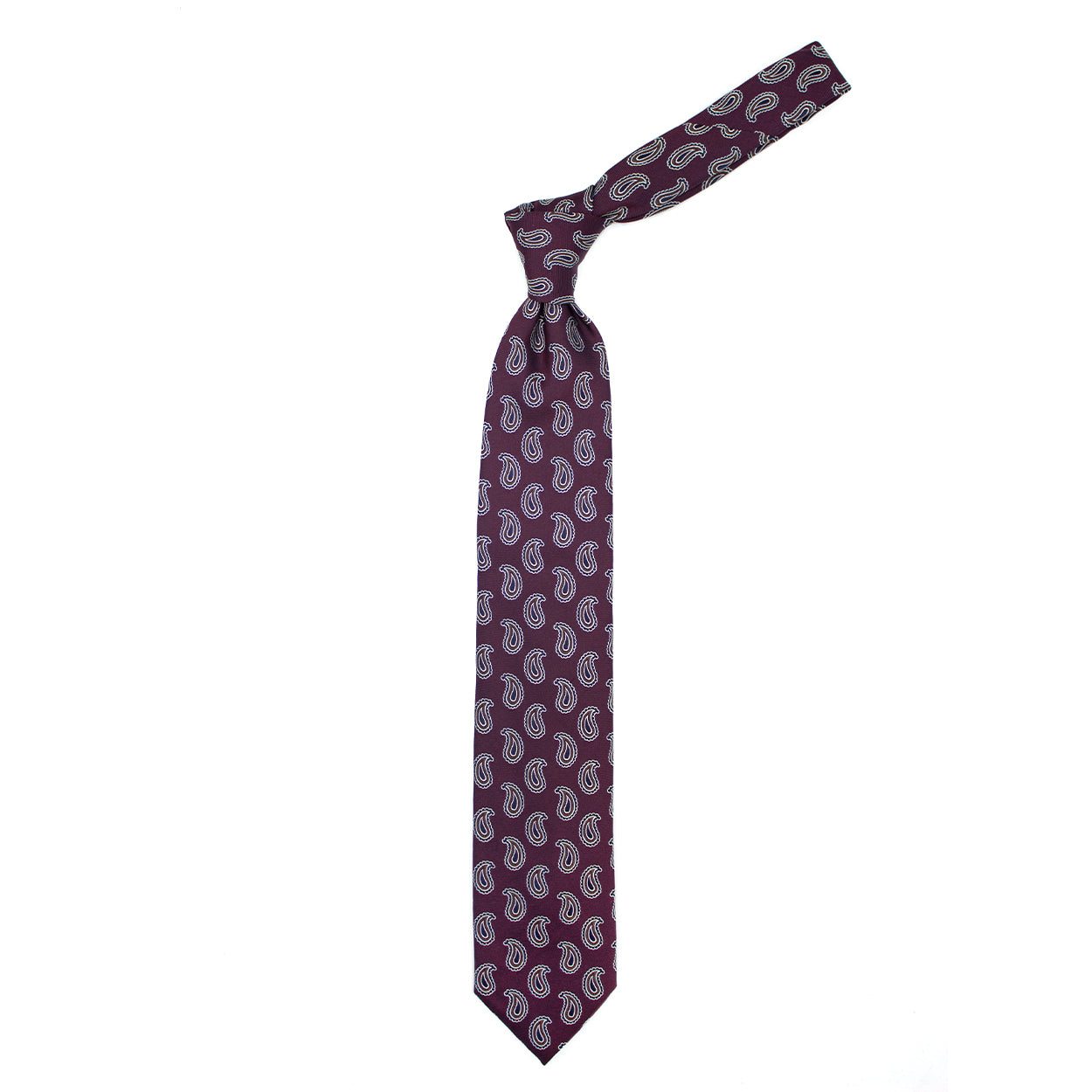 Cravatta vinaccia con paisley blu e marroni