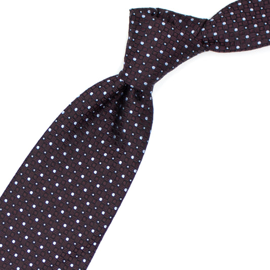Brown tie with blue dots and geometric pattern tone on tone