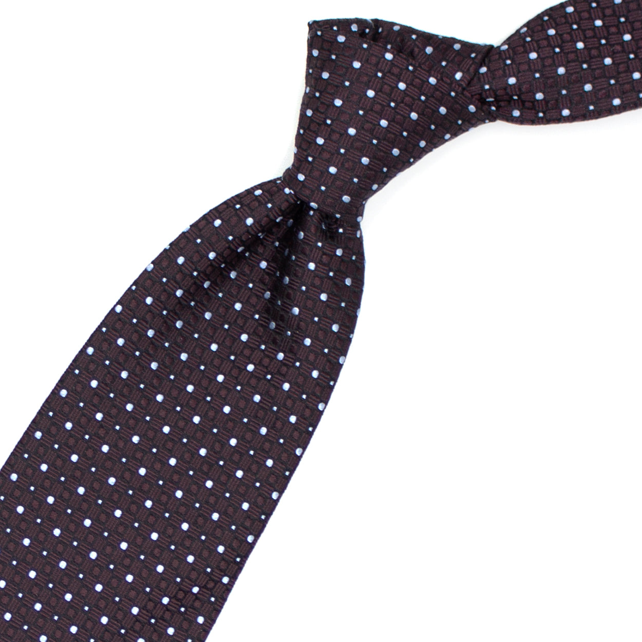 Cravatta marrone con pallini azzurri e pattern geometrico tono su tono