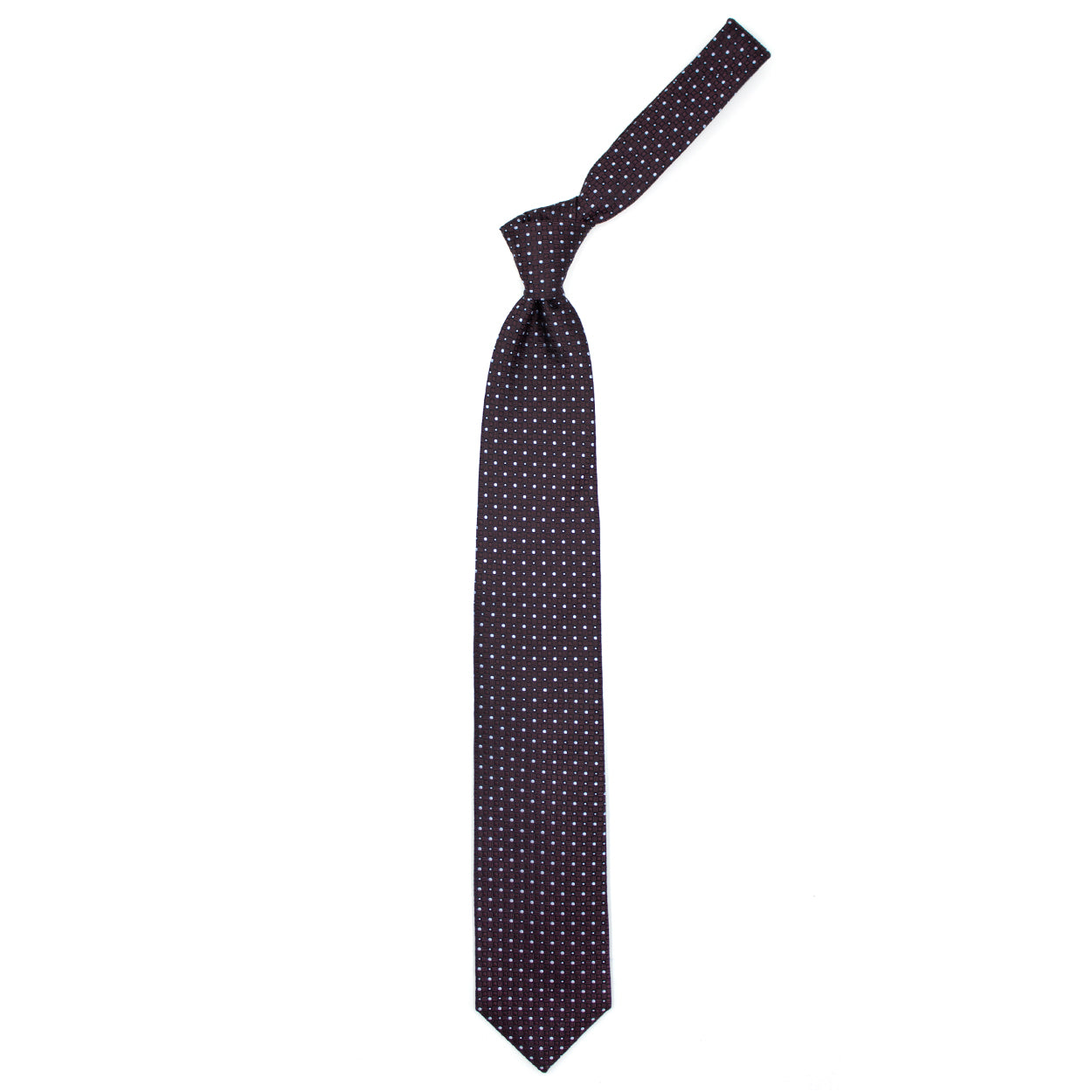 Cravatta marrone con pallini azzurri e pattern geometrico tono su tono