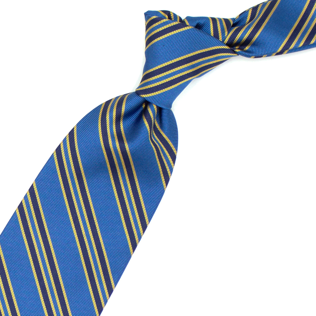 Cravatta a righe blu, azzurre e gialle
