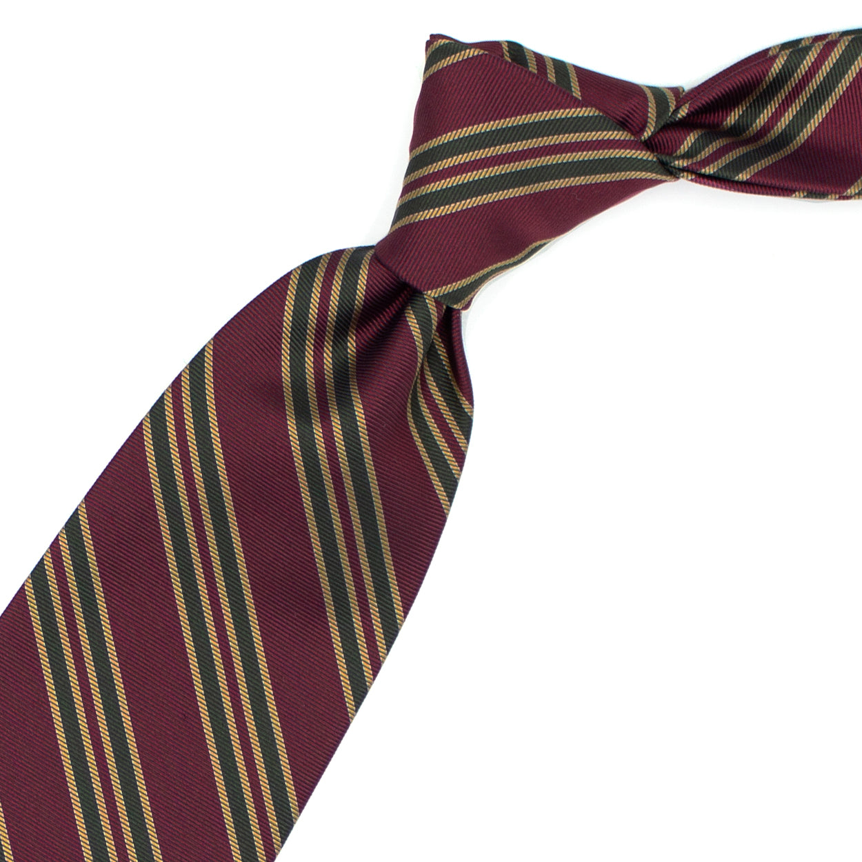 Cravatta con righe bordeaux, verdi e giallo oro