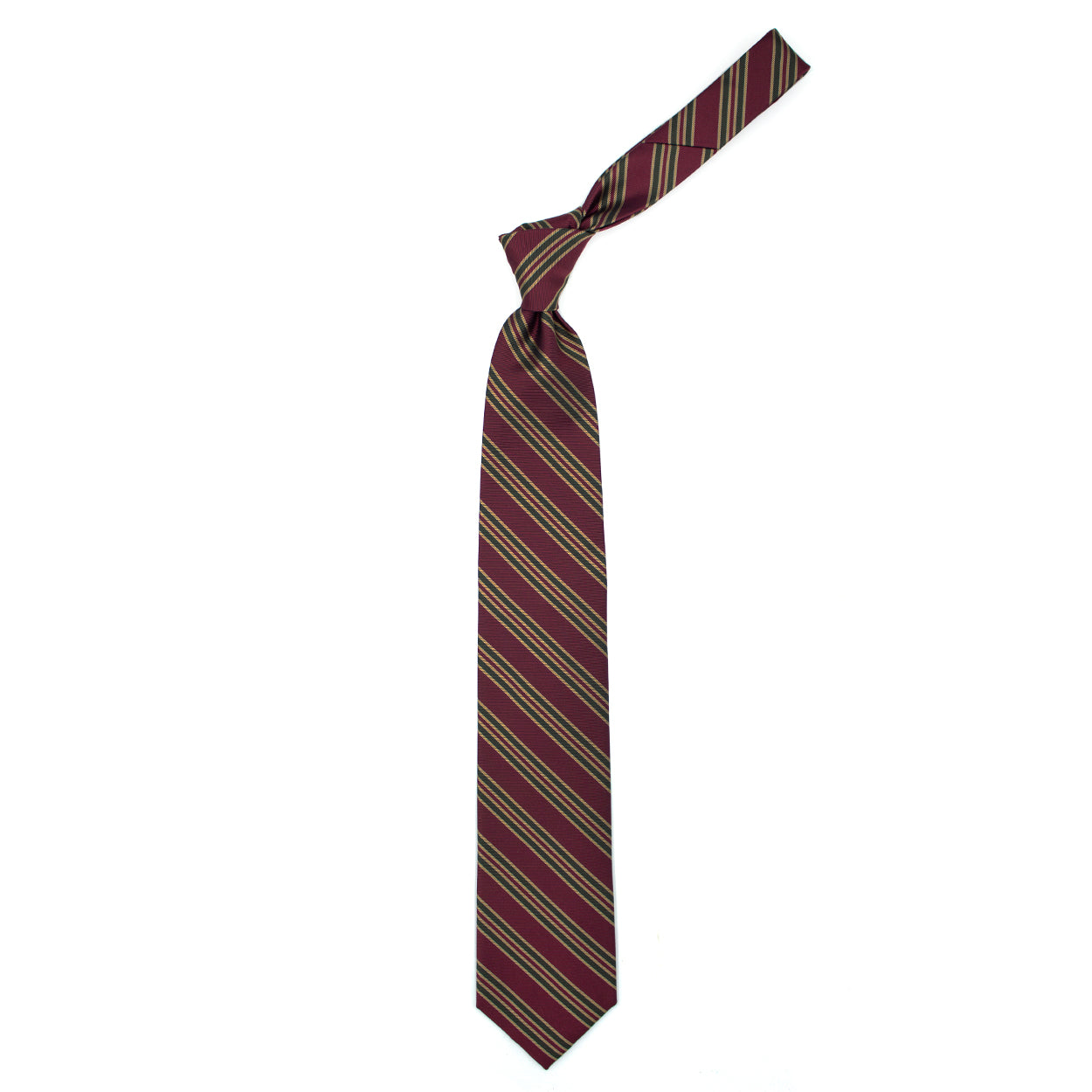 Cravatta con righe bordeaux, verdi e giallo oro