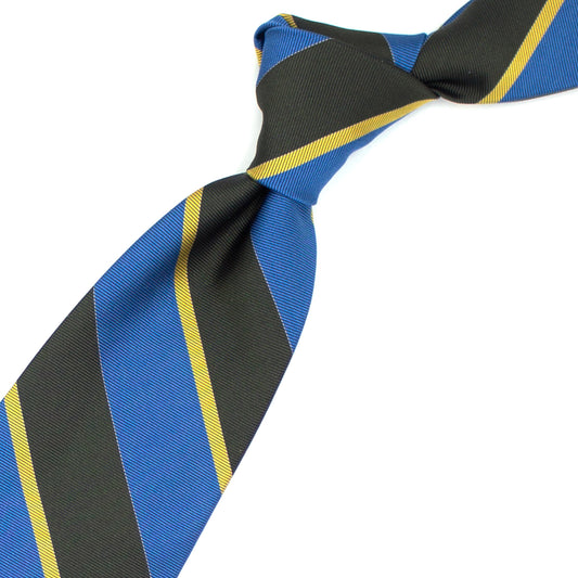 Cravatta a righe azzurre, oro e grigio scuro