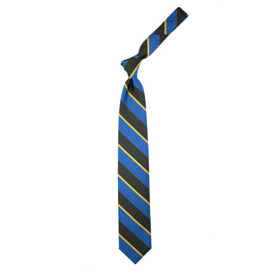 Cravatta a righe azzurre, oro e grigio scuro