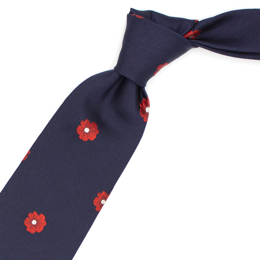 Cravatta blu con fiori rossi e bianchi