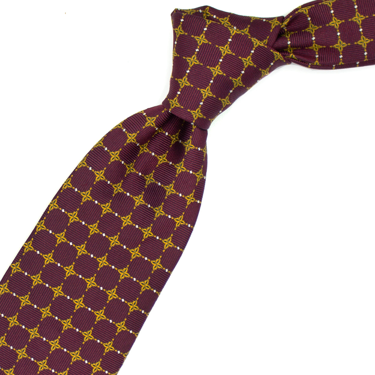 Cravatta bordeaux con fiori gialli e quadratini bianchi