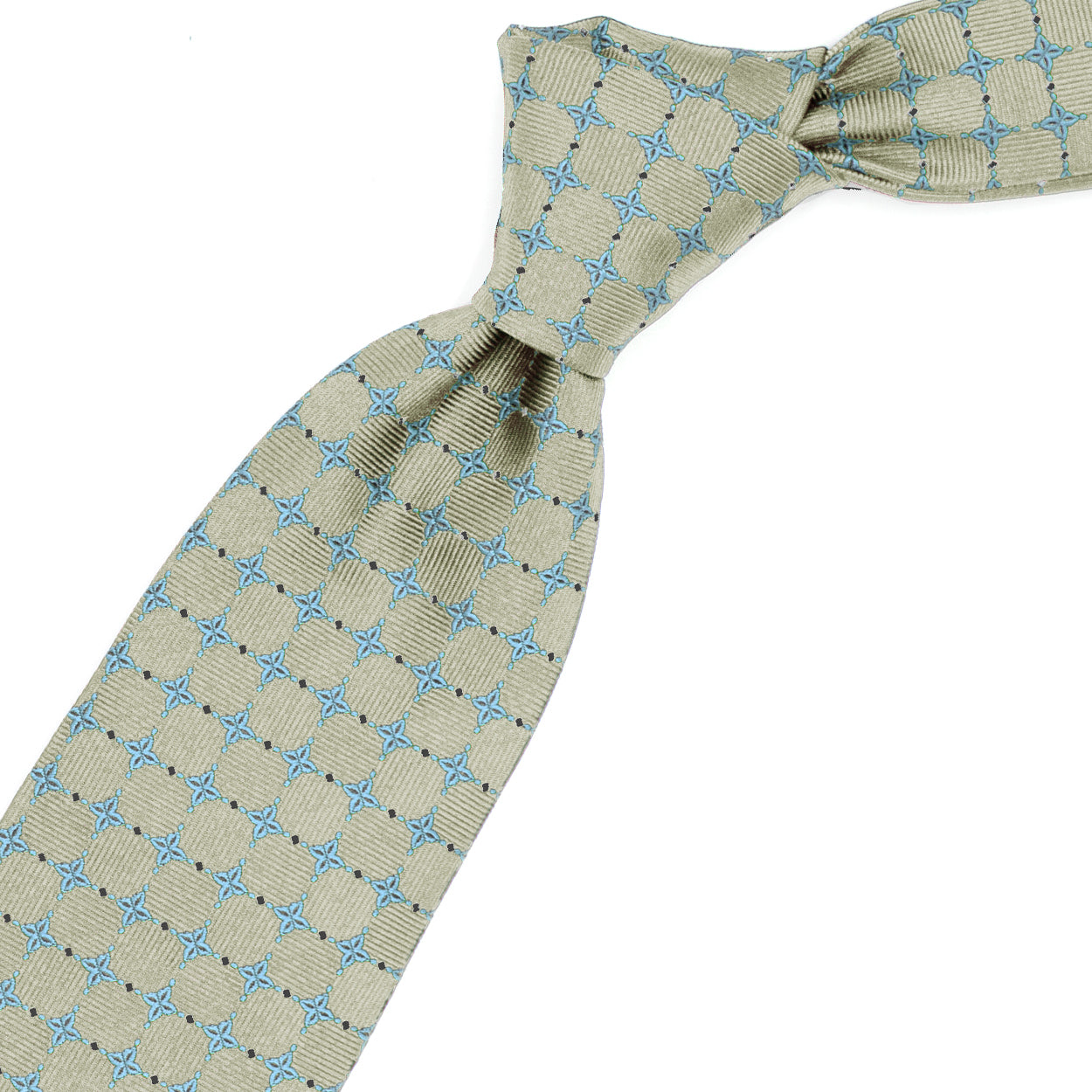 Cravatta beige con fiori azzurri e quadratini blu