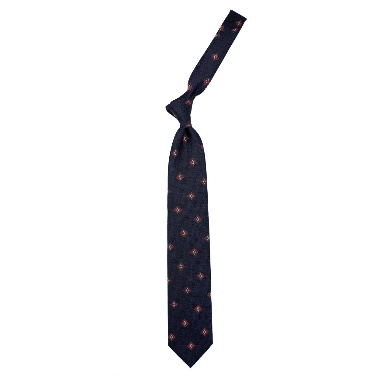 Cravatta blu con pattern geometrico rosso e bianco