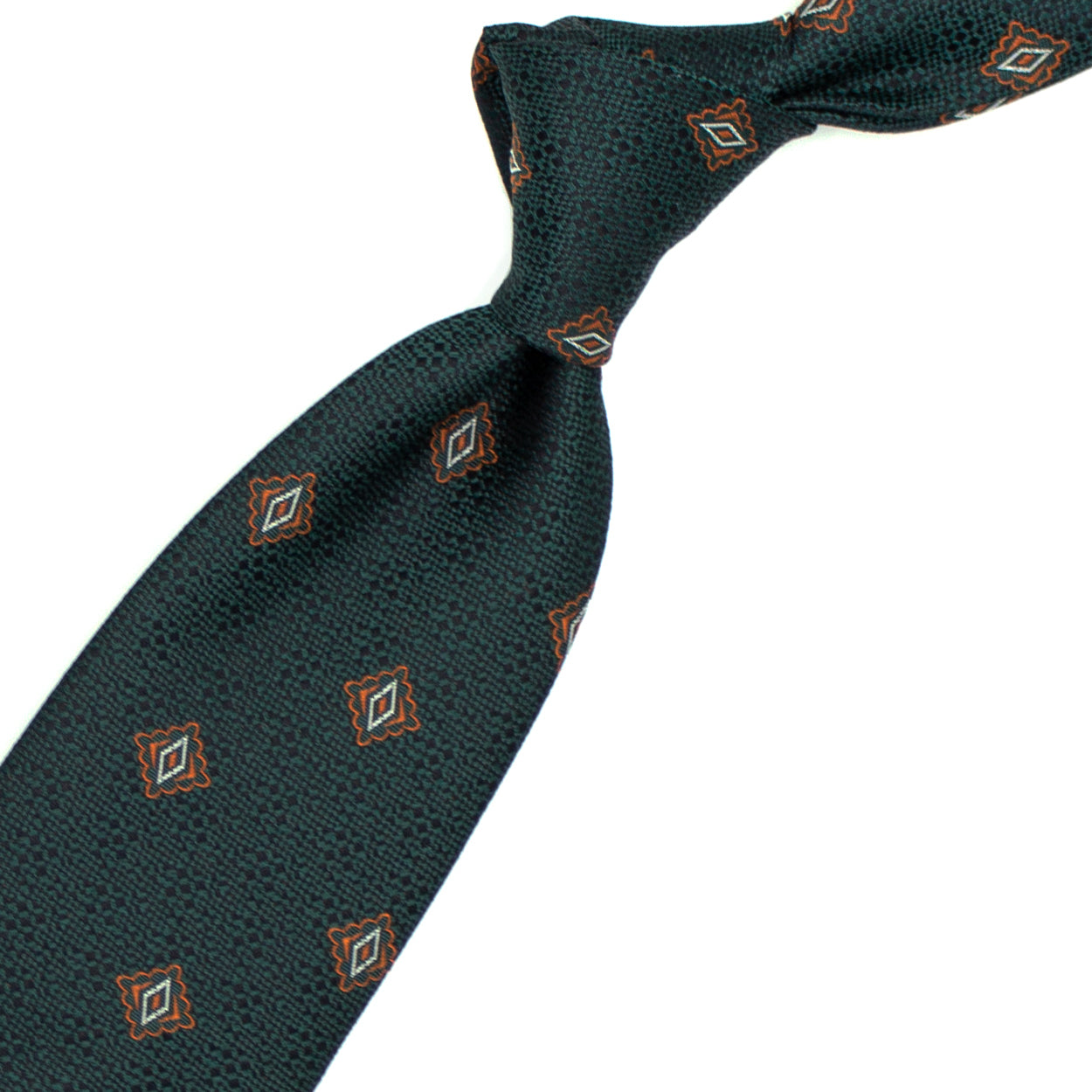 Cravatta verde con pattern geometrico arancione e bianco