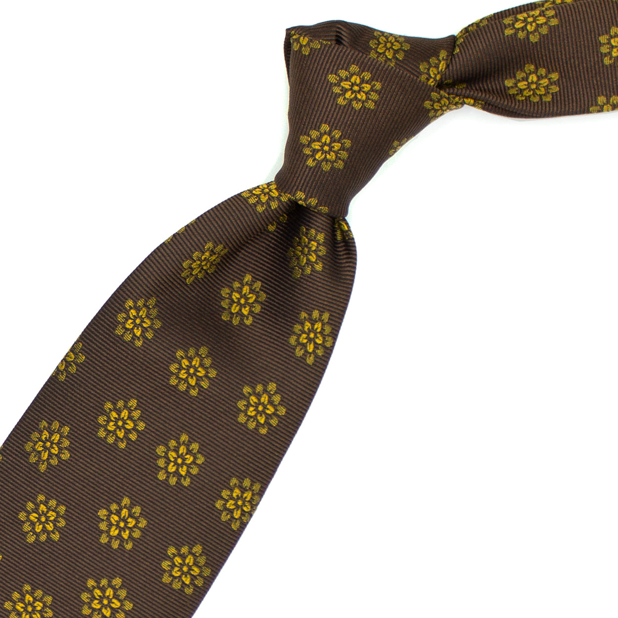 Cravatta marrone con fiori senape