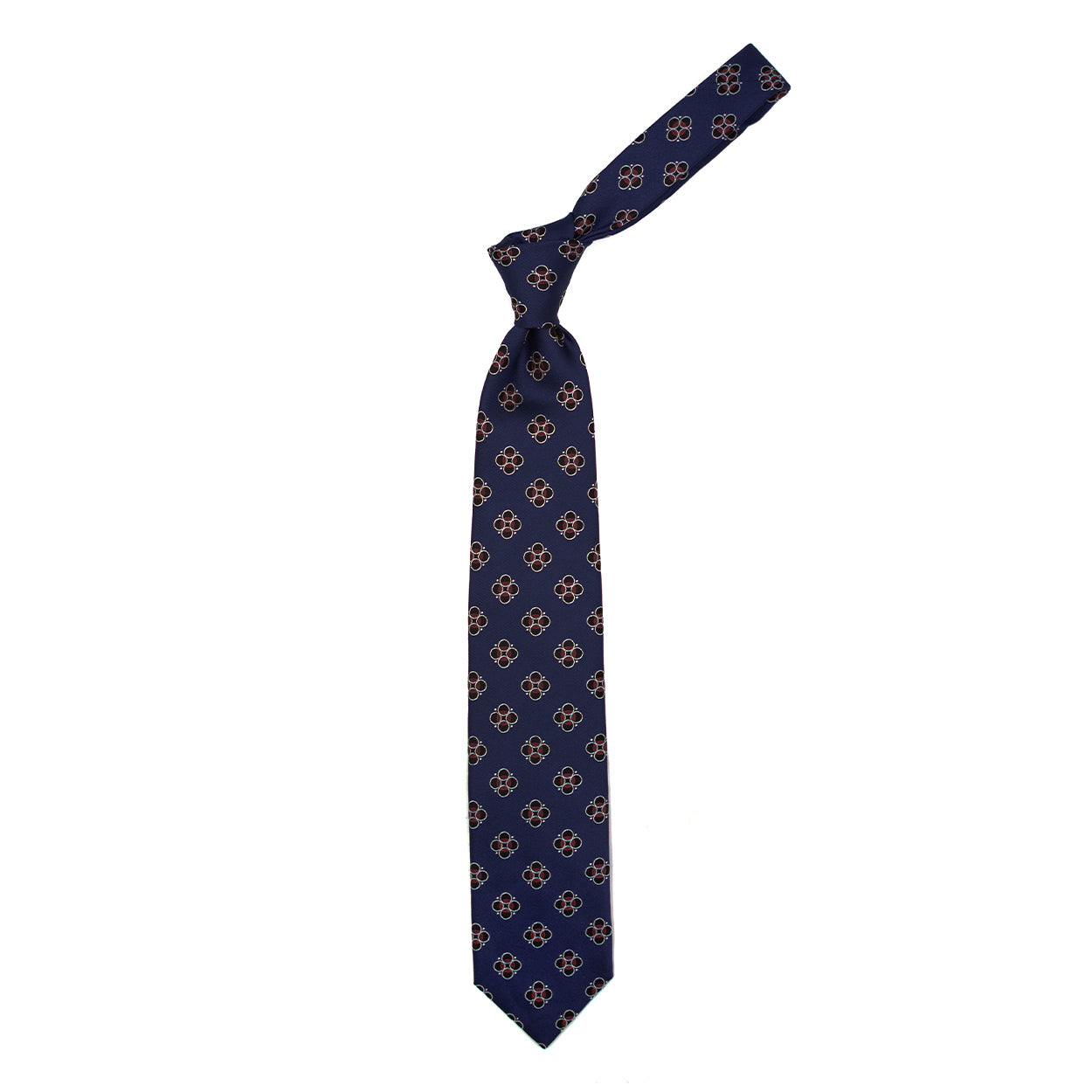 Cravatta blu con pattern nero, bianco e bordeaux