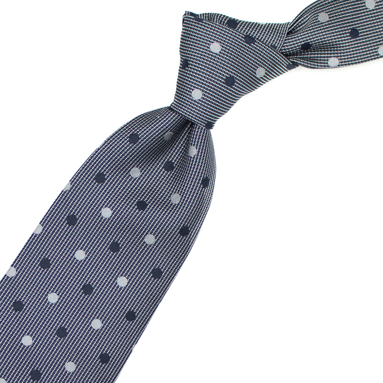 Cravatta tramata blu e grigia con pois blu e grigi