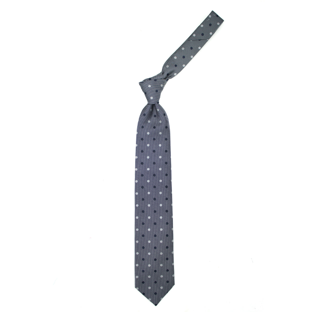 Cravatta tramata blu e grigia con pois blu e grigi