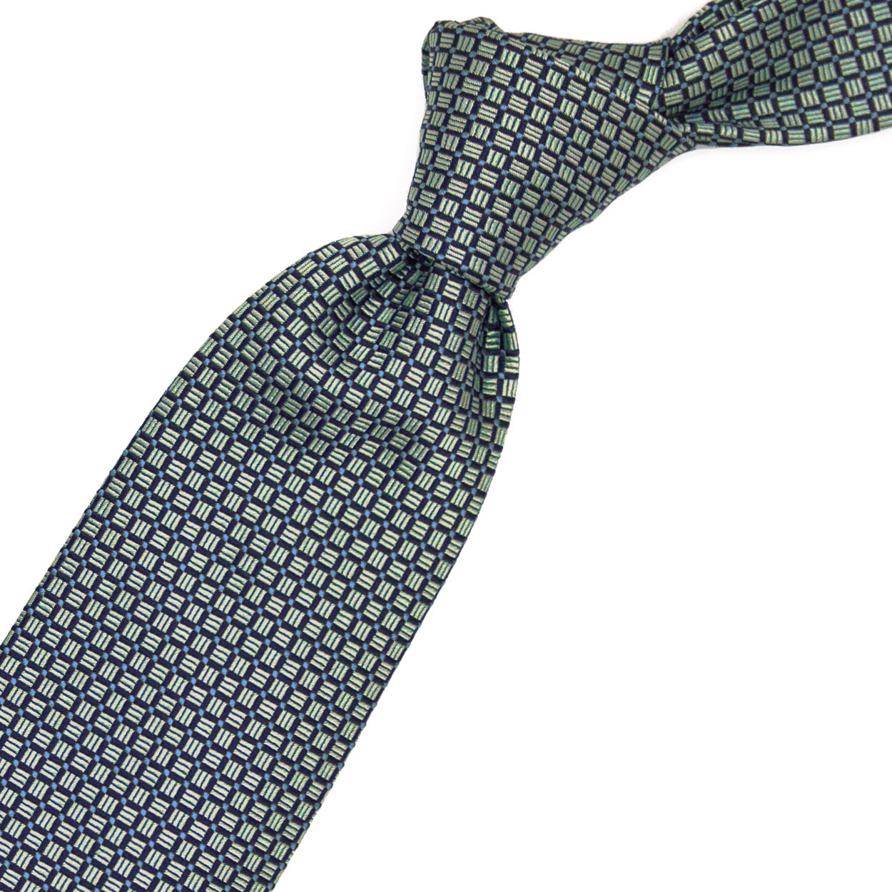 Cravatta con pattern geometrico blu, dorato e azzurro