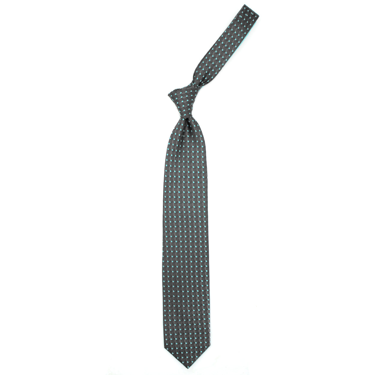 Cravatta grigia con pattern geometrico tono su tono e quadratini azzurri