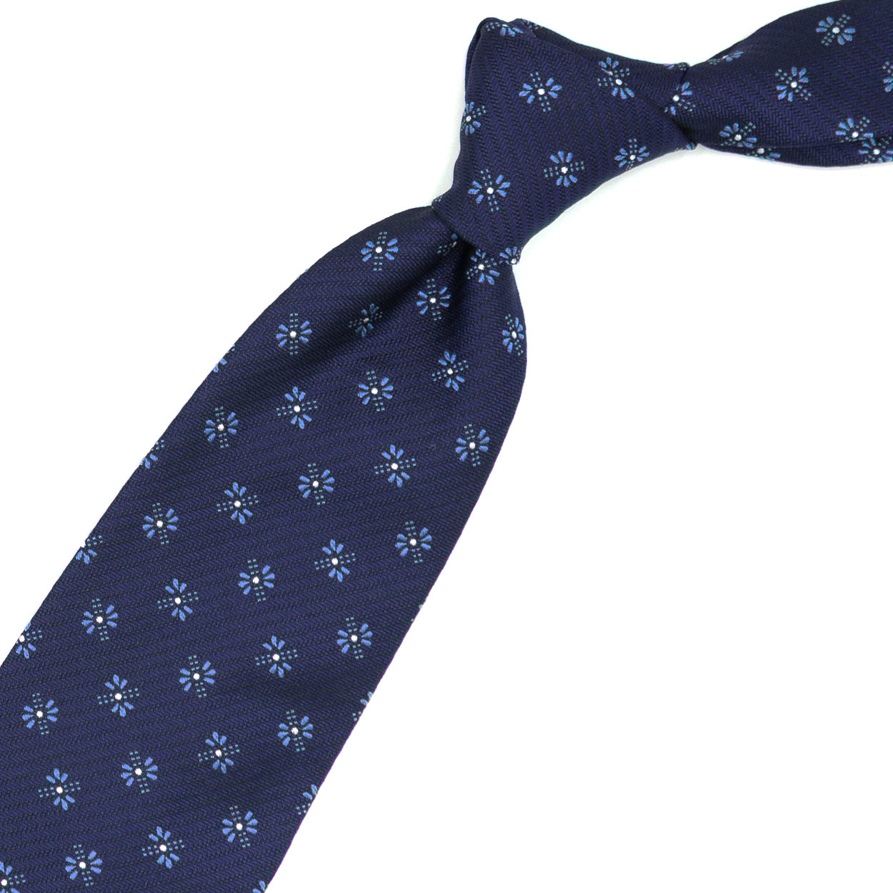 Cravatta blu con fiori azzurri e puntini bianchi