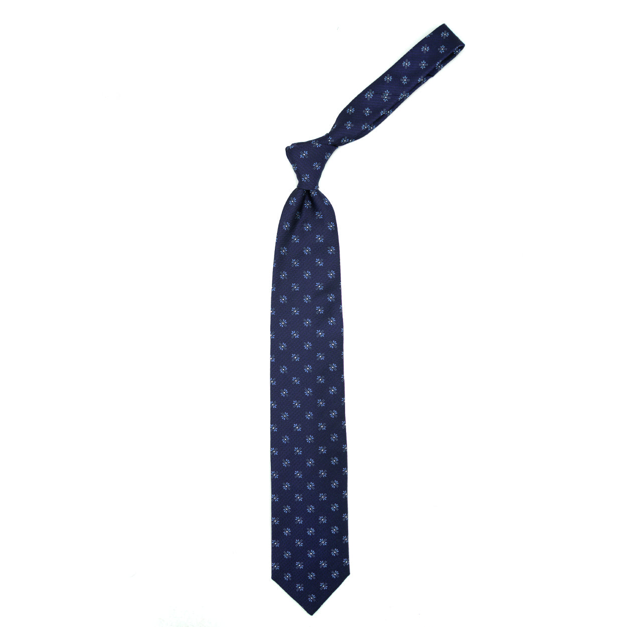 Cravatta blu con fiori azzurri e puntini bianchi