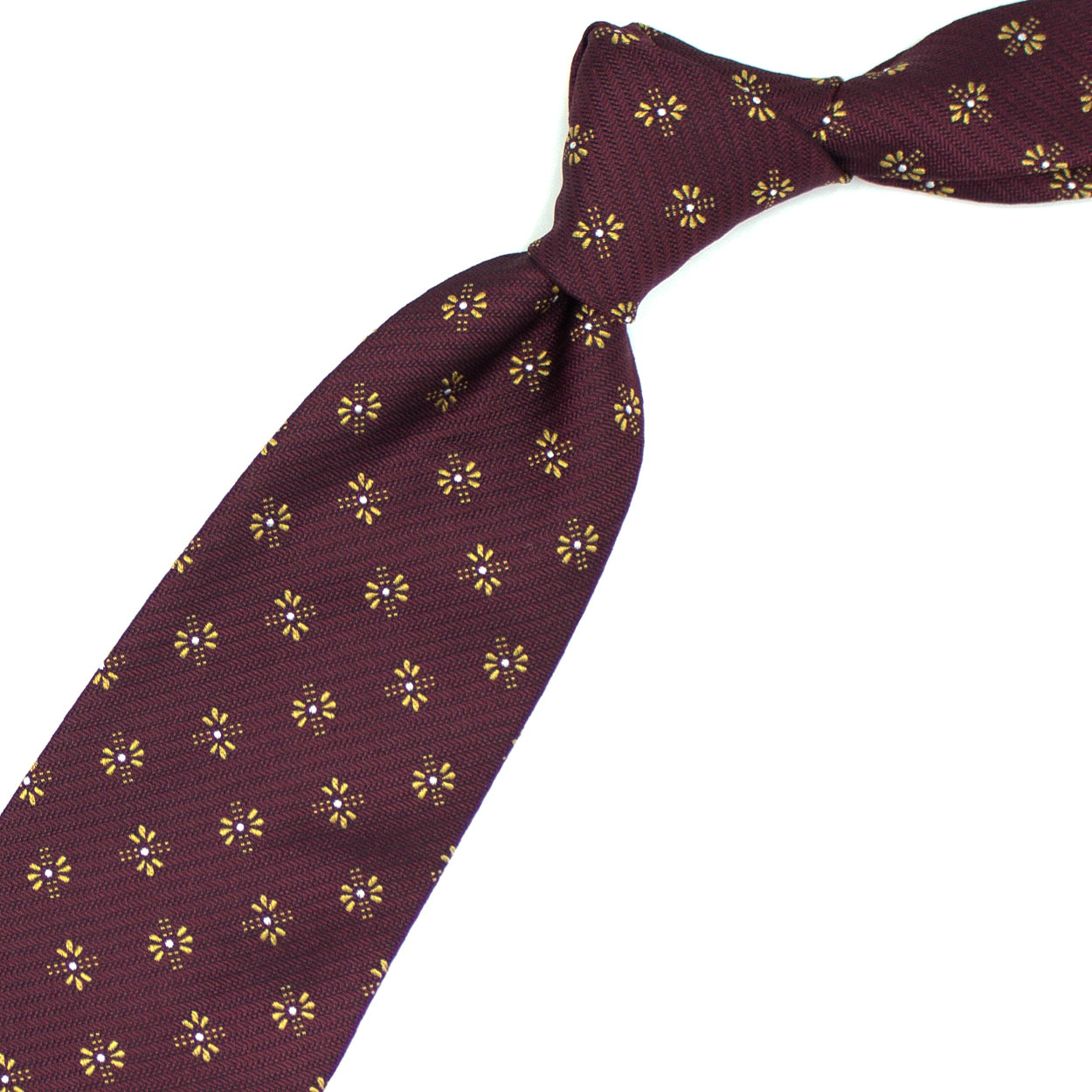 Cravatta bordeaux con fiori gialli e puntini bianchi