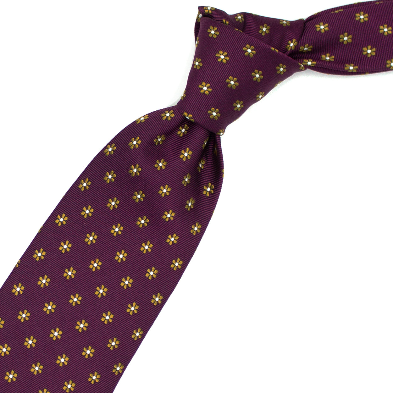 Cravatta bordeaux con fiori gialli e pallini bianchi