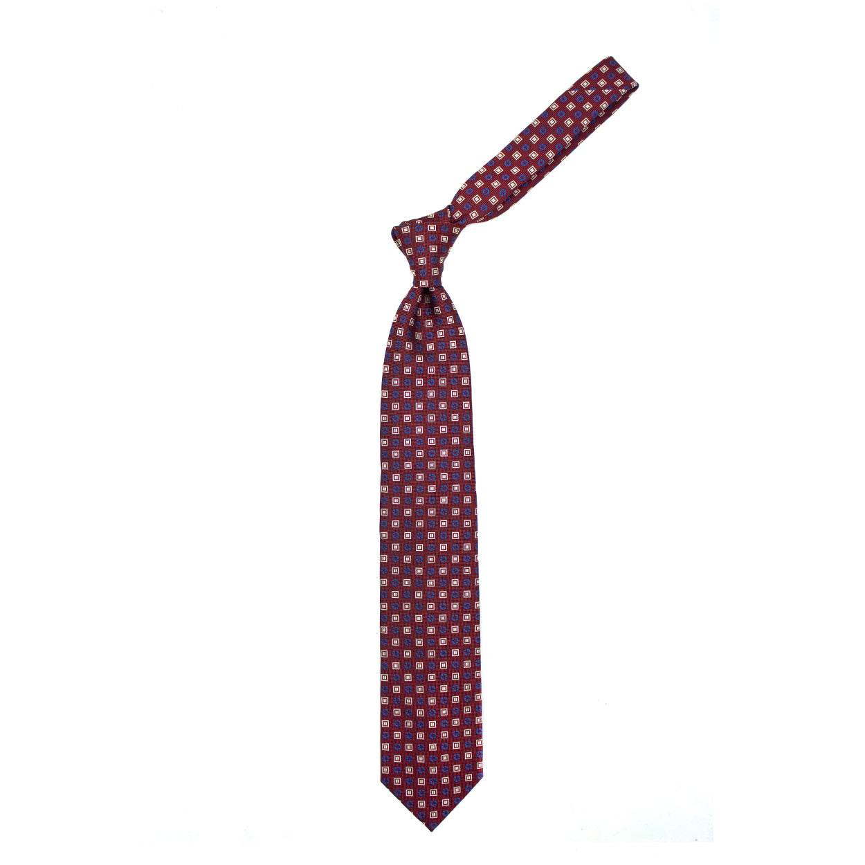 Cravatta bordeaux con fiorellini blu e quadratini bianchi