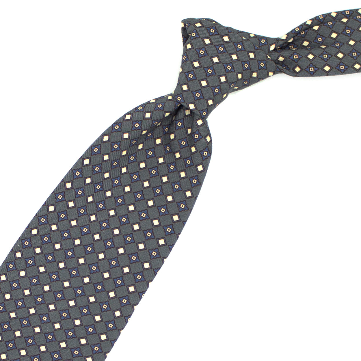 Cravatta grigia con pattern geometrico blu e crema
