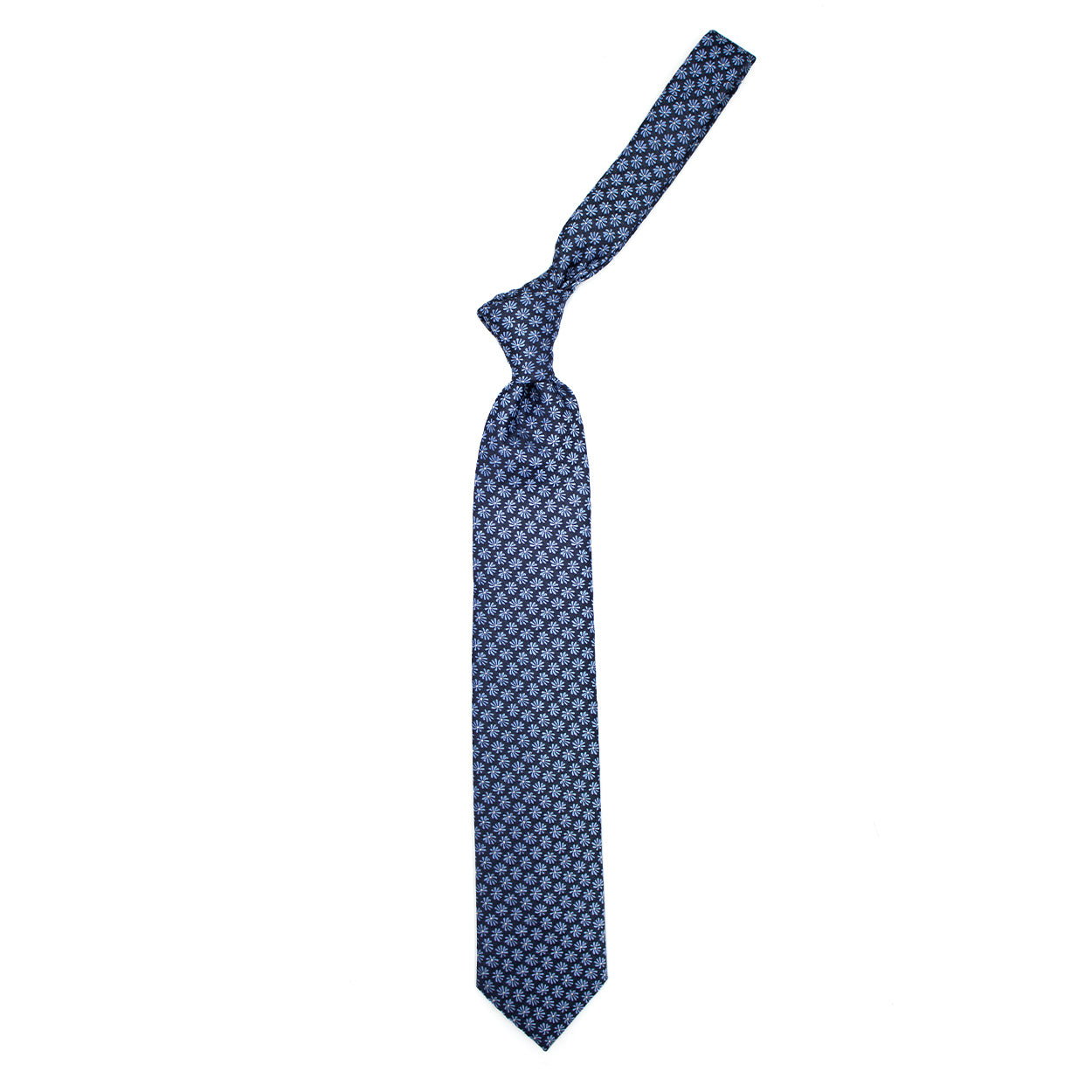 Cravatta blu con fiori azzurri e pallini bianchi